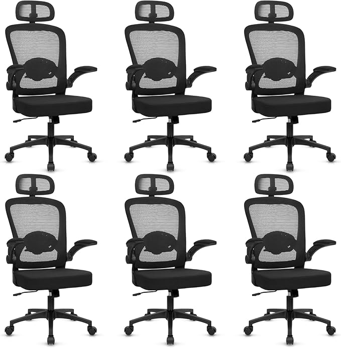 KLASIKA Desk Chairs with Wheels, Ergonomic Mesh Back Home Office Chair with Headrest, Adjustable Lumbar Support Swivel Rolling Computer Chairs with Flip Up Arms for Conference Meeting Room, Black, 6PK