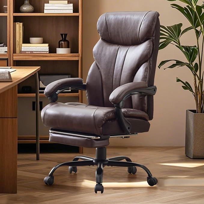 Garvee Comfortable Office Desk Chair 500 LBS, Big and Tall Office Chairs with Footrest,90-155°Recline Executive Leather Gaming Chair for Heavy People, Long Hours,Coffee