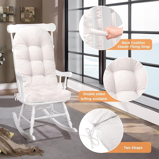 Rocking Chair Cushion - Chenille Fabric, High-Density Sponge, Durable Comfort Double-Sided Tufted Seat Pads with Ties, Chenille︱Cleanroom White, 44x19x4 inch