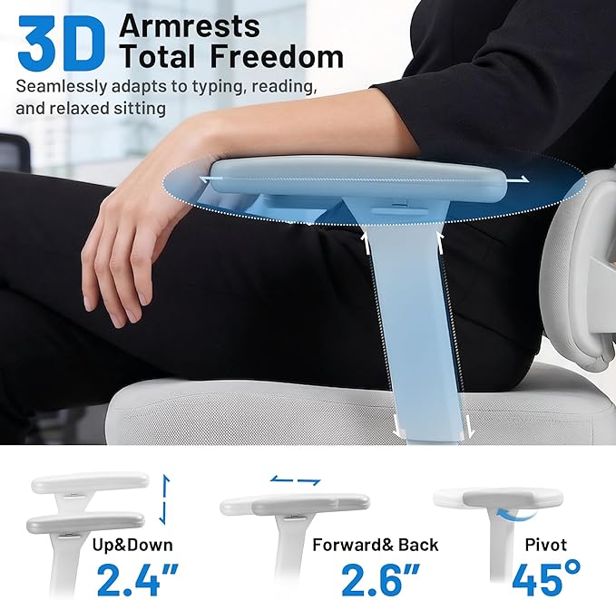 Ergonomic Office Desk Chair, High Back Breathable Mesh Computer Chair, 3D Lumbar Support, 2D Headrest & 3D Armrests, 300lbs Heavy Duty Task Chair for Home Office Work Gaming, Gray