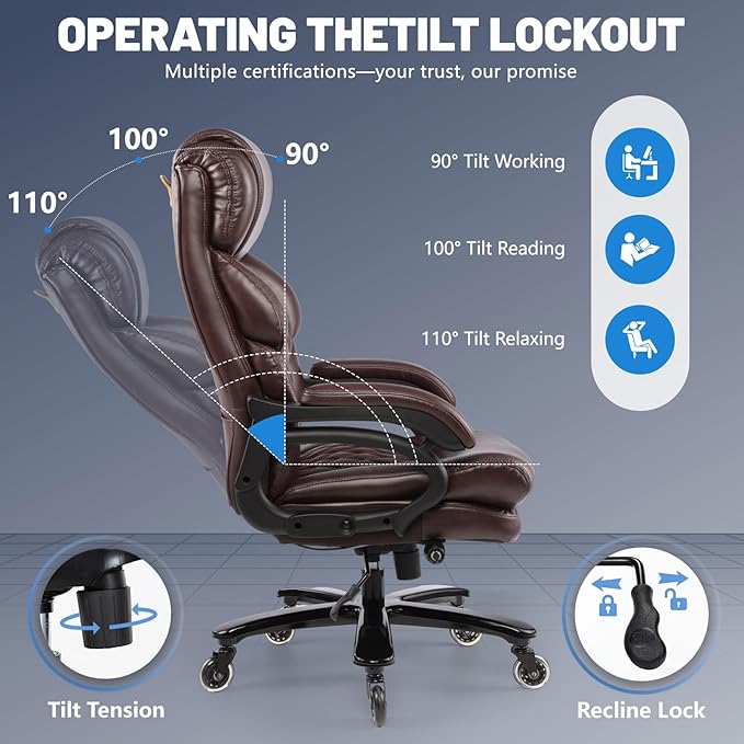 800LBS Big and Tall Office Chair for Heavy People, Heavy Duty Executive Chair with High Back, Extra Wide Seat and Adjustable Lumbar, Large Computer Desk Chair Comfortable for Home Office (Brown)