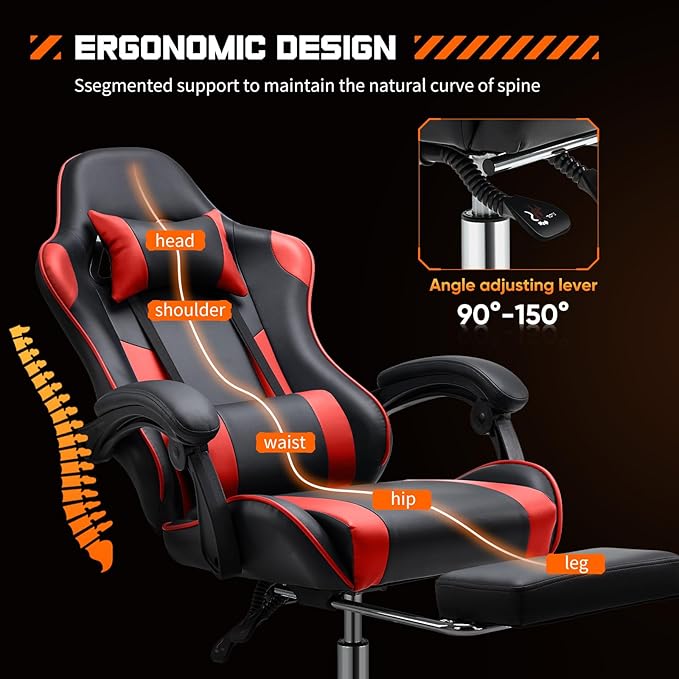 DUMOS Gaming Office Desk Chair with Footrest and Headrest for Adults, PU Leather Ergonomic Video Computer Chair with Linkage Armrests, Height Adjustable 360° Swivel Recling Chair, New Red