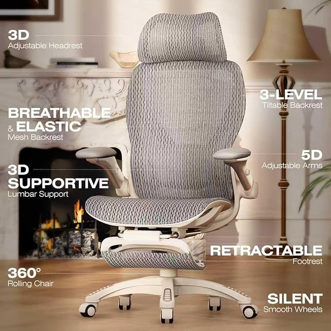 ELABEST X100 Ergonomic Mesh Office Chair with Footrest, Big and Tall Hone Desk Chair with 5D Flip-Up Arms, Adjustable 3D Lumbar Support,Gaming & Executive Computer Chairs (First Light)