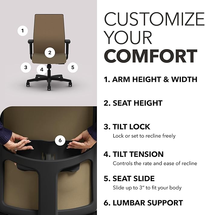 HON Ignition 2.0 Mid Back Task Chair, Spectrum Mesh, Standard Synchro-Tilt Control, Office Chair with Lumbar Support, Height and Width Adjustable Arms, Black Frame, Quicksand