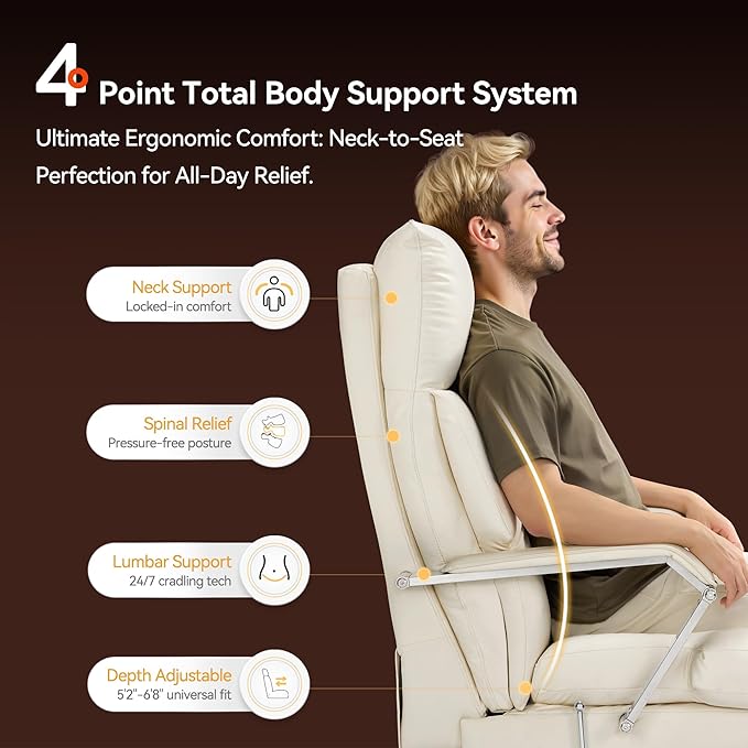 OKUP M76 160° Reclining Executive Office Chair with Footrest, Adjustable Seat Depth, 10" Thick Cloud Cushion Desk Chair, 420lb Heavy Duty High Back Leather Desk Chair for Home Office, Cream
