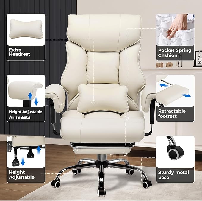 GTPLAYER Big and Tall Gaming Chair 400lbs Heavy Duty Office Chair with Foot Rest & Ergonomic Pocket Spring Cushion, High Back Lumbar Support for Lower Back Pain Relief, Beige