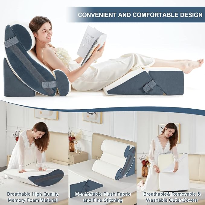 Lazyzizi 6pcs Orthopedic Bed Wedge Pillow Set, Memory Foam Wedge Pillow for Sleeping, Knee, Lumbar and Back Pain Relief Adjustable Bed Pillow - Acid Reflux, Anti Snoring & GERD Sleeping, Grey
