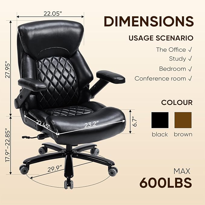 600 Lbs Big and Tall Office Chair, Plus Size Ergonomic Desk Chair with 6D Adjustable Flip Arms, Wide Comfortable Computer Chair with Adjustable Lumbar Support & Dual Rubber Wheels