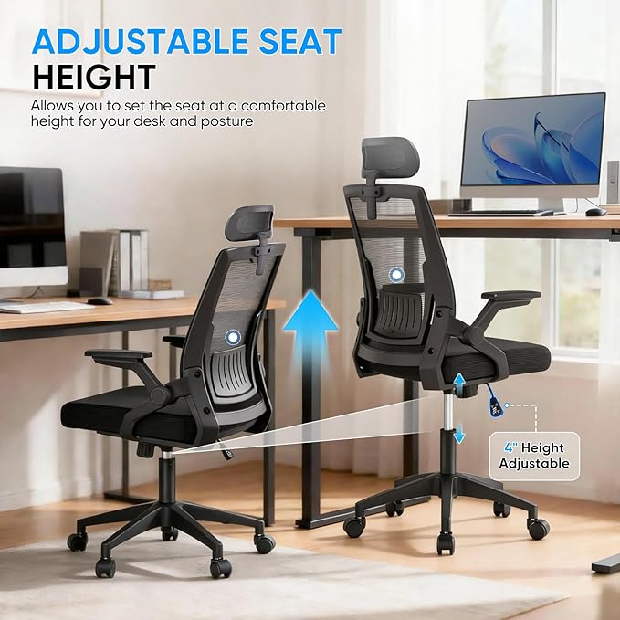MoNiBloom High Back Mesh Office Chair with Adjustable Headrest, Flip-Up & Sliding Armrests, 18–22" Adjustable Seat Height, Ergonomic Desk Chair with Rocking Function, for Home Office, Black