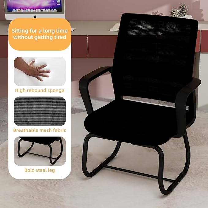 Modern Mesh Office Chair, Ergonomic Desk Chair with Armrests, Breathable Computer Task Seat for Home Work, Sled Base Guest Furniture, Comfortable Lumbar Support, Metal Frame, Black