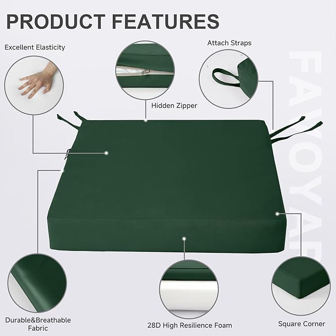 Favoyard Patio Chair Cushions 18.5 x 16 x 3 Inch Waterproof Outdoor Seat Cushions for Patio Furniture 3-Year Color Fastness Garden Sofa Couch Chair Pads with Handle & Adjustable Straps Set of 2, Green