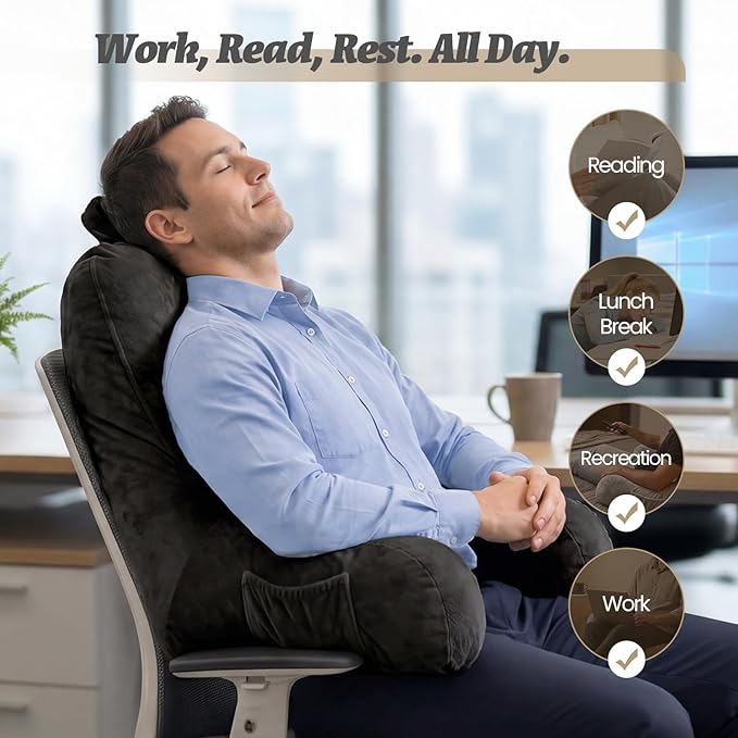 ACH Reading Pillow with Arms for Adults - Adjustable Memory Foam Bed Rest Pillow, Lumbar & Neck Back Support, Soft Velvet Cover Machine Washable, Deep Side Pocket & Carry Handle, Black