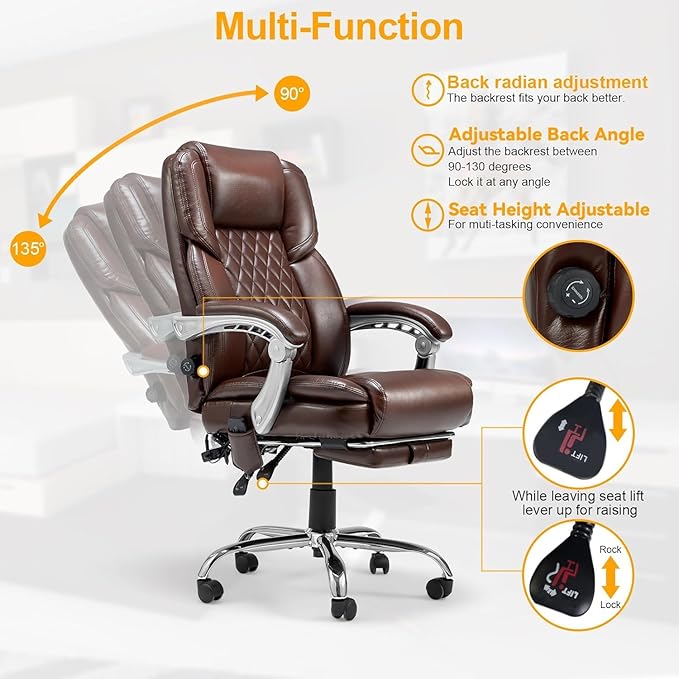 HOMREST 2-Point Massage Office Chair with Lumbar Support, Heated Executive Office Chair, Computer Gaming Chair with with Adjustable Backrest for Home Office, Brown