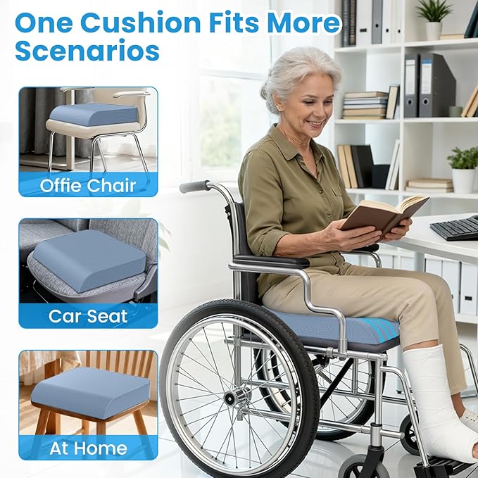 Wheelchair Seat Cushion for Pressure Relief, Cooling Gel Memory Foam Chair Cushion with Slope-Edge Design, Coccyx Support for Tailbone Pain, Non-Slip, for Wheelchairs, Office Chairs, Light Blue