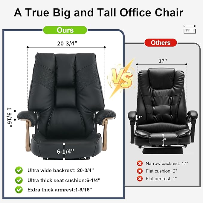 EXCEBET Big and Tall Executive Office Chair with Footrest, 400LBS Capacity Ergonomic High-Back Desk Office Chair with Lumbar Support, Padded Armrests & Thick Cushion, Black PU Leather Chairs