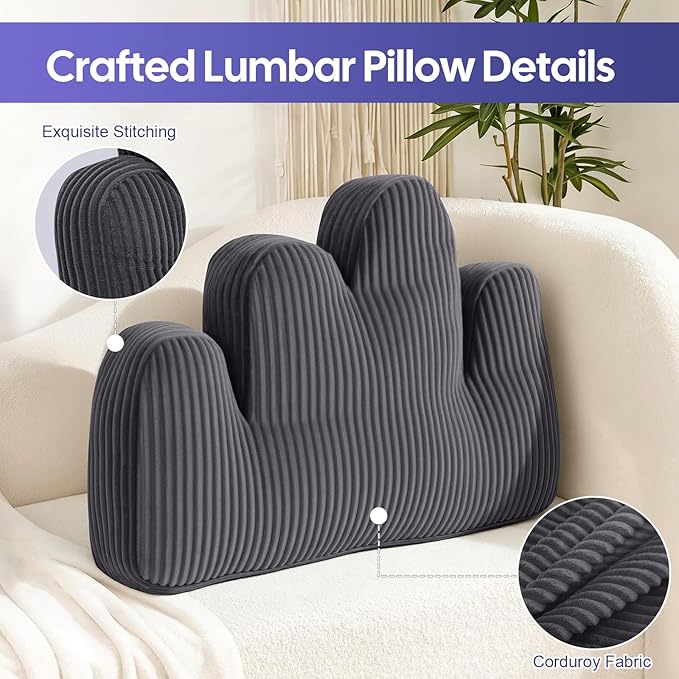 Lumbar Support Pillow for Recliner, Back Support Pillow for Office Chair, Ergonomic Corduroy Cloud pillow with Shredded Foam , Lower Back Pain Relief for Gaming Chair, Couch, Dark Grey