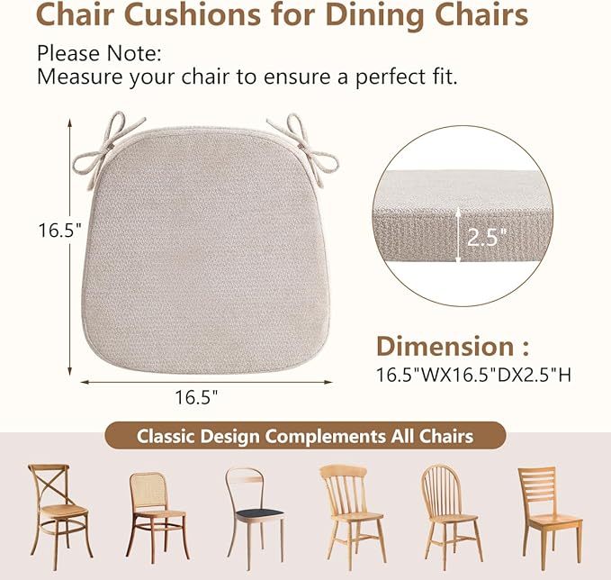 D-Shaped Chair Cushions for Dining Chairs, 2.5” Thick Chair Pads with Washable Comfortable Textured Cover, Non Slip Kitchen Chair Cushions with Ties, 16.5" x 16.5", 4 Pack, Beige