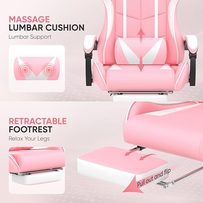 Soontrans Pink Gaming Chairs with Bunny Ears, Footrest,Ergonomic Home Office Desk Pink Chair,Lovely PC Computer Game Chair with Headrest and Lumbar Support Gamer Chair for Girls