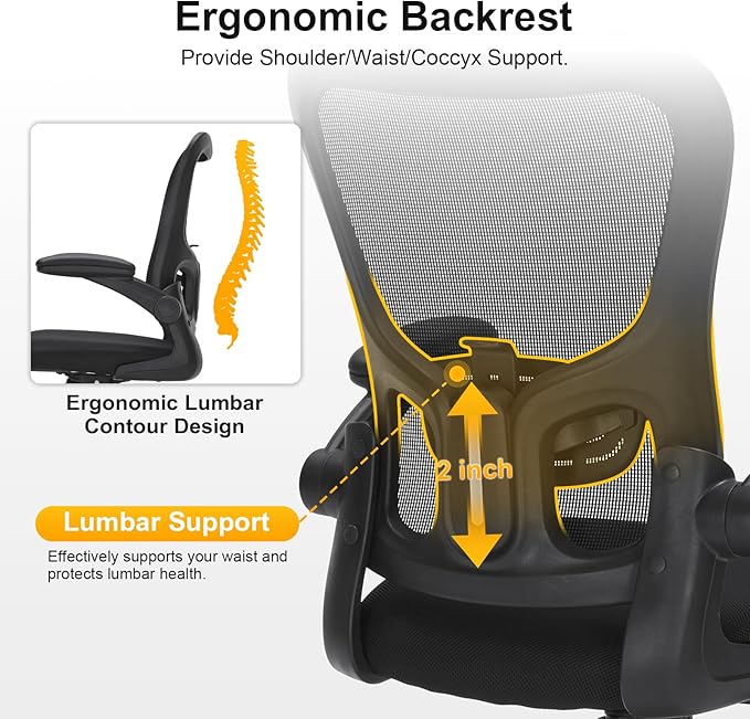 Ergonomic Mesh Office Chair, Adjustable Lumbar Support, Flip-Up Arms, Rolling Swivel Computer Chair with Breathable Backrest for Home & Office, Black