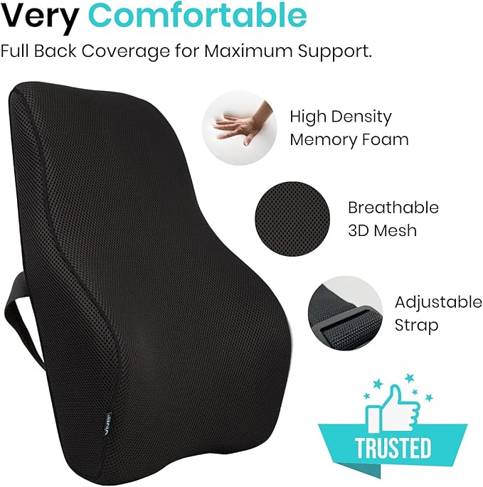 Vive Full Lumbar Cushion - Memory Foam Contour Support for Lower Back Pain - Ergonomic Pressure Relief for Office Chair, Car - Large Mesh Orthopedic Seat Backrest Roll for Improving Posture (Black)