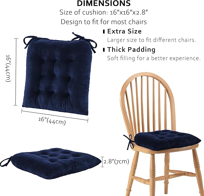 ELFJOY 4 Pack Chair Cushions for Dining Chairs Chair Pads Cushion for Kitchen Office Tufted Square Seat Cushion with Ties (U Shape Navy)