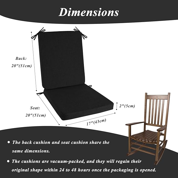 Rocking Chair Cushion Set with Machine Washable Cover Non-Slip Rocking Chair Cushions Indoor Seat and Back Pads with Ties 1 Pack, 2 Piece Set, 20"x 17"x 2" (Black)
