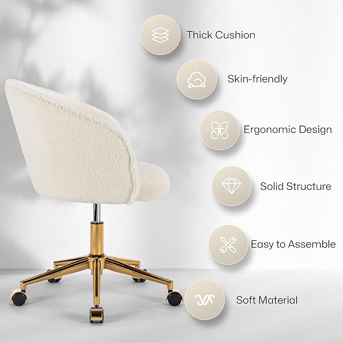 KCC Faux Fur Office Desk Chair, Comfy Fluffy Swivel Modern Leisure Armchair with Wheels, Upholstered Comfy Fuzzy Vanity Makeup Chair Height Adjustable for Teens Women Girls Elegant Home Office