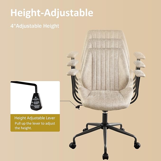 Mid Back Home Office Chair, Mid Century Modern Executive Chair, Comfy Ergonomic Rolling Office Desk Chair with Lumbar Support, Faux Leather Office Chair, Beige