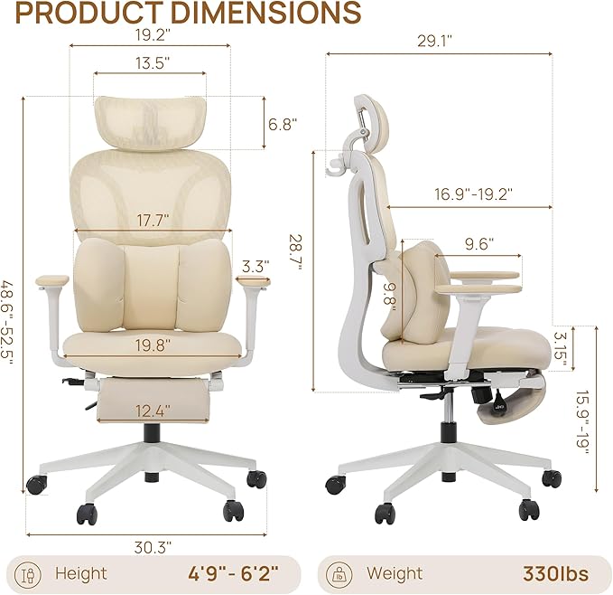 CabLady S1 Petite Ergonomic Home Desk Chair with Footrest and Headrest, High Back Fixed Lumbar Support with Detachable Pillow, Reclining Cute Office Chair for Women & Girls, 300 LBS Capacity