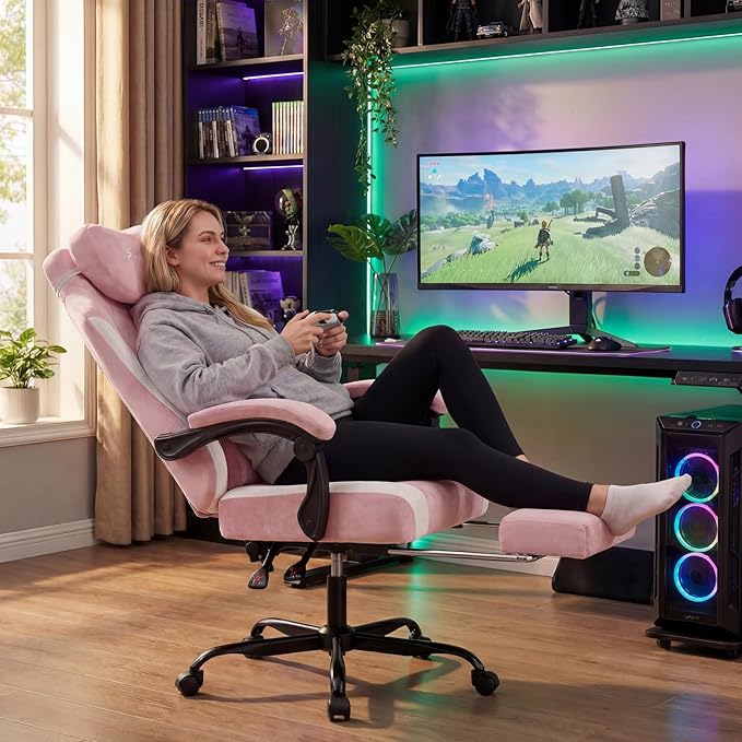 SUKIDA Fabric Video Gaming Chair, Ergonomic High-Back Computer Game Chairs with Large Massage Adjustable Lumbar Support, Headrest and Linked Armrests for Long Hours Sitting Task Chair, Pink