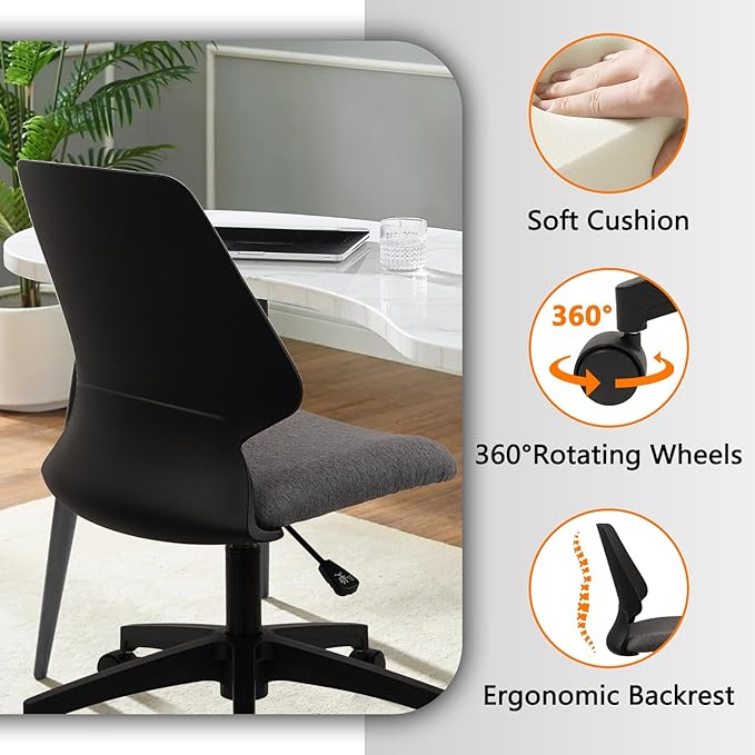 CLATINA Armless Home Office Chair, Ergonomic Small Desk Chair with Wheels and Soft Thick Upholstered Cushion, Comfy Adjustable Height Swivel Computer Task Chair for Conference Waiting, Black, 2Pack