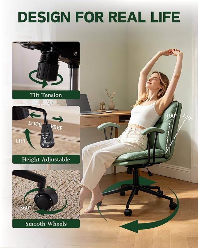 Karl home Faux Leather Office Chair with Removable Armrests, Adjustable Height & 360° Swivel, Tufted Thick Cushion Computer Desk Chair with Lumbar Support for Living Room, Vanity, Green