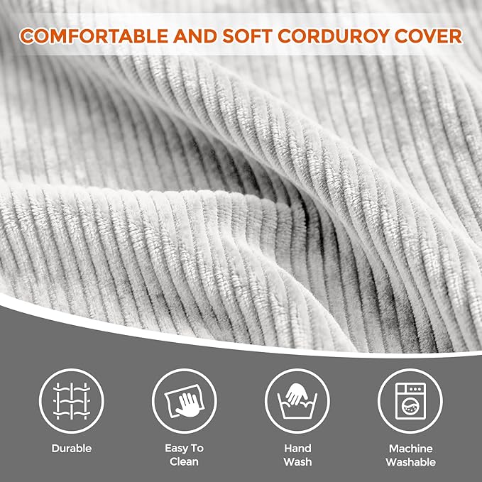 Round Pouf Ottoman Foot Rest, Pre-Stuffed Footrest Ottoman with Odorless Shredded Memory Foam, Soft Corduroy Floor Pouf for Living Room, Bedroom, Cozy Home Decor, Grey
