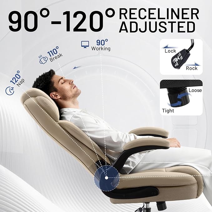 AreShark Ergonomic Office Chair with High Back Headrest,PU Leather Executive Desk Chair Padded Flip-Up Armrests,Lumbar Support,Swivel Computer Chair for Home Office & Gaming, Khaki