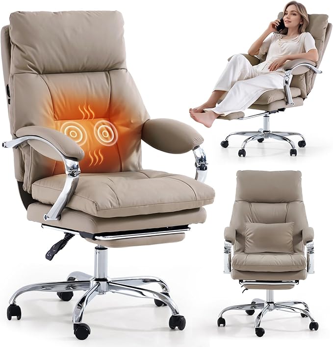 LEAGOO Office Chair with Foot Rest, Ergonomic Executive Office Chair with Arms, Reclining High Back PU Leather Comfy Swivel Computer Desk Chairs with Wheels (Camel)