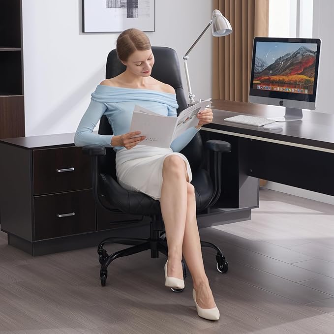 E-Motie Office Chair with Rubber Wheels, Ergonomic Computer Chair 500 lbs, Leather Desk Chair with Lumbar Support, Executive Chair Adjustable Height & Recline, Black