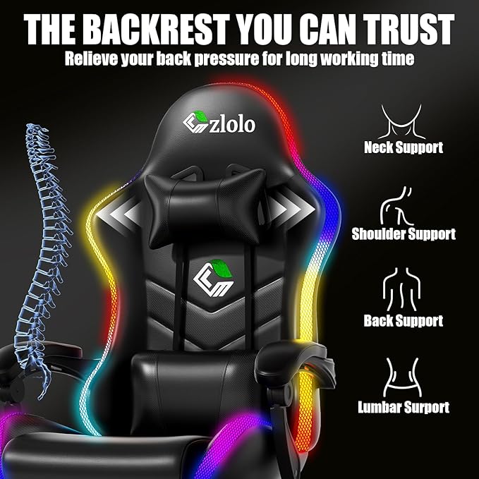 Czlolo Gaming Chair, 2026 Upgraded RGB LED Lights Computer Chair with Footrest, Lumbar Support Massager Gamer Chair, High Back, 90-135° Reclining, Linkage Armrests, Black