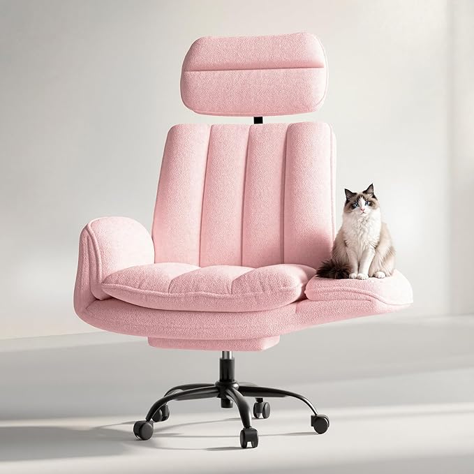 HOMRELEXA Criss Cross Office Chair with Armrests & Wheels, Comfy Velvet Vanity Chair, Ergonomic Executive Gaming Computer Chairs with Foot Rest, Wide Seat Reclining Desk Chair, Pink
