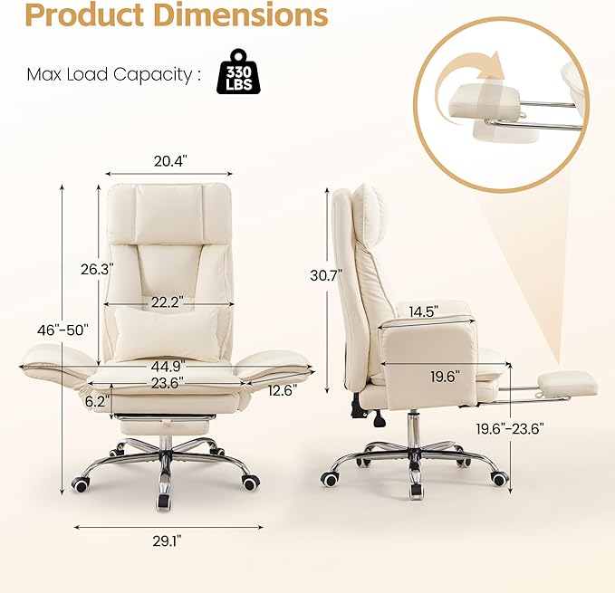 Big and Tall Office Chair, Cloud Reclining Office Chair with Footrest & Flip Armrest for Pets, Executive Ergonomic Criss Cross Desk Chair, Swivel Computer Gaming Chair with Lumber Pillow, PU Beige