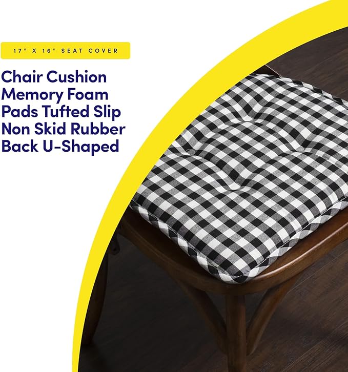 Sweet Home Collection Chair Cushion Memory Foam Pads Tufted Slip Non Skid Rubber Back U-Shaped 17" x 16" Seat Cover, Checkered Black/White 4 Count
