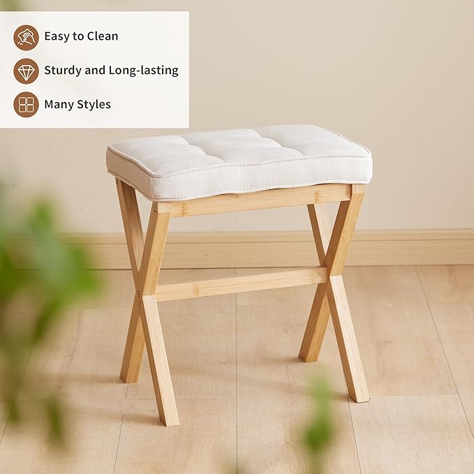 Foot Stool Small Ottoman Foot Rest Padded Foot Stool Desk for Under Office Desk Vanity Stool Bamboo Footstool Sofa Footrest Shoe Stool Small Foot Stools (Natural Legs + Beige)