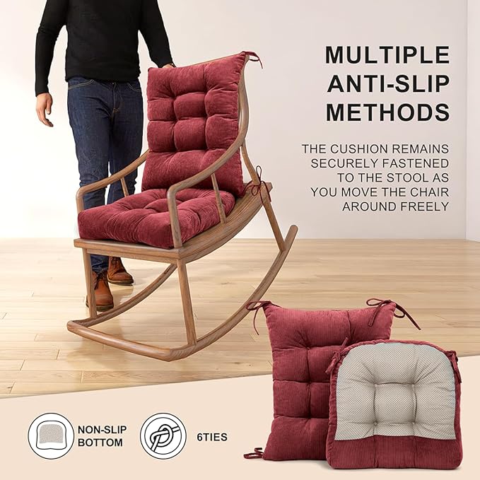Lokex Rocking Chair Cushion Only,Tufted Non-Slip Comfortable Rocking Chair Cushions Indoor with Ties,Striped Rocking Chair Pads (Burgundy, 28x18/18x18)