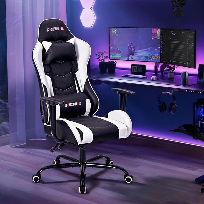 ECOTOUGE PC Gaming Chair Massage Ergonomic Office Desk Chair Racing PU Leather Recliner Swivel Rocker with Headrest and Lumbar Pillow, White