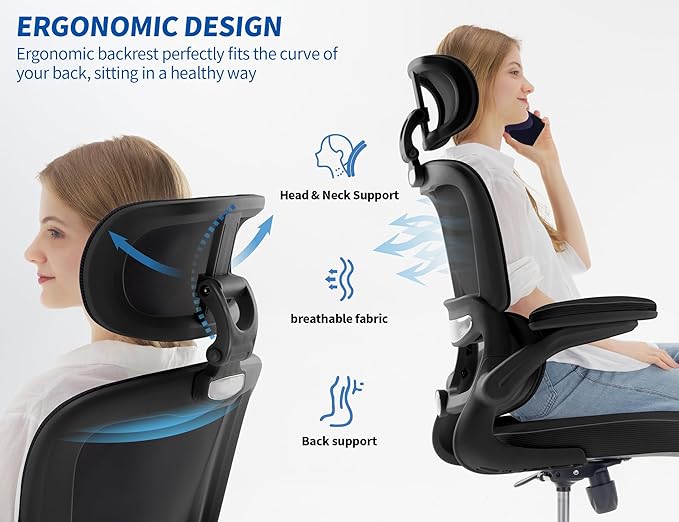 TRALT Ergonomic Office Chair - Desk Chair with Adjustable Headrest Lumbar Support Computer Chair - Mesh Comfy Chair with Flip-up Armrests - Gaming Chair for Adults Home Office PU, Black, Pack of 6