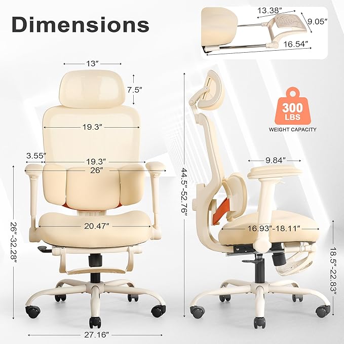 Ergonomic Office Chair with 4D Flip-Up Arms & Footrest, Mesh Desk Gaming Chair with 3D Headrest & 2D Floating Wing Lumbar Support, High Back Computer Chair for Home Office Vanity, Beige