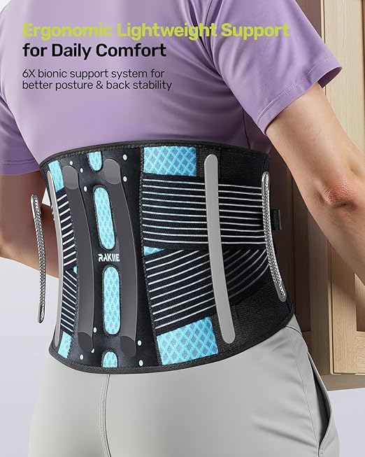 Rakiie Slim Back Brace for Lower Back Pain Relief, Lightweight & Breathable Back Support Brace for Men Women, Ergonomic Light Lumbar Support for Everyday Wear, Sky Blue XL