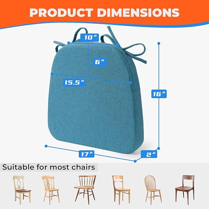 Sunsleek Chair Cushions for Dining Chairs, D-Shaped Seat Cushions with Removable Washable Cover and Ties, Chair Pads for Kitchen, Indoor Dining Room, Patio Chairs, 17'' x 16'', Set of 6, Blue