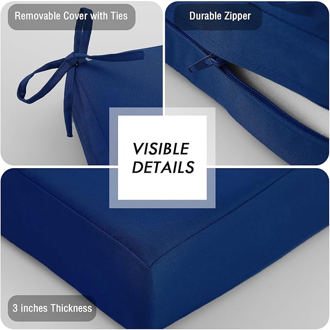 idee-home Outdoor Chair Cushions Set of 2, Waterproof Outdoor Seat Cushions for Patio Furniture, Outside Replacement Chair Pad with Ties for Lawn Deck Porch, 22 x 22 Navy Blue