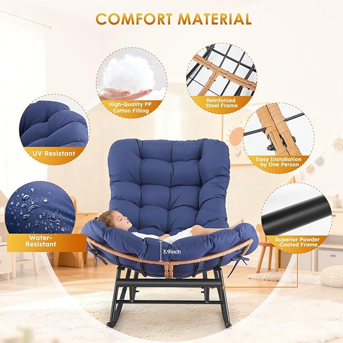 Jojoka Oversized Papasan Rocking Chair with Detachable Foot Rest, PE Rattan Rocker with Thick Removable Cushion, Metal Frame Lounge Chair for Indoor Outdoor Patio Garden Porch Living Room