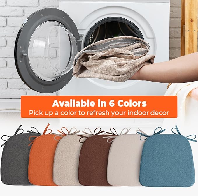 Sunsleek Chair Cushions for Dining Chairs, D-Shaped Seat Cushions with Removable Washable Cover and Ties, Chair Pads for Kitchen, Indoor Dining Room, Patio Chairs, 17'' x 16'', Set of 2, Khaki